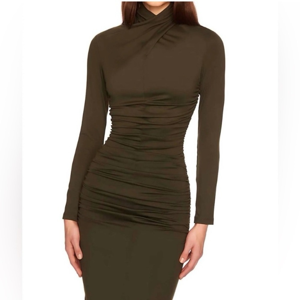 New Susana Monaco Crisscross MockNeck Bodycon Dress Longsleeve Hunter Green Sz L - Picture 4 of 15
